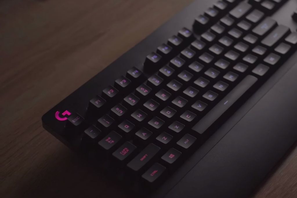 Black Logitech Mechanical Keyboard with wrist pad.
