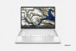 14" Chromebook with white keyboard.