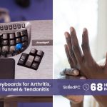A man with arthritis is on the right side, and a kinesis keyboard for arthritis is on the left side.
