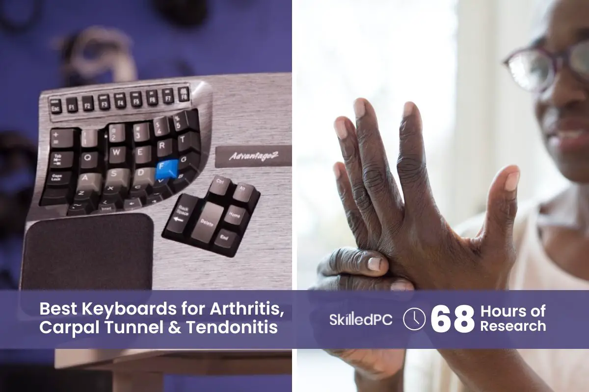 A man with arthritis is on the right side, and a kinesis keyboard for arthritis is on the left side.