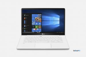 Slip LG laptop with white keyboard.