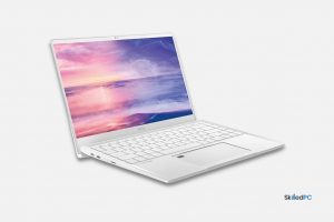 White MSI Prestige laptop with white keyboard.
