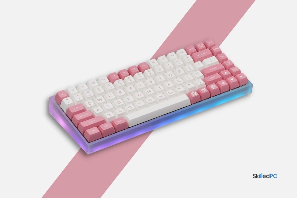 A Tofu 84 keyboard with White and Pink buttons.